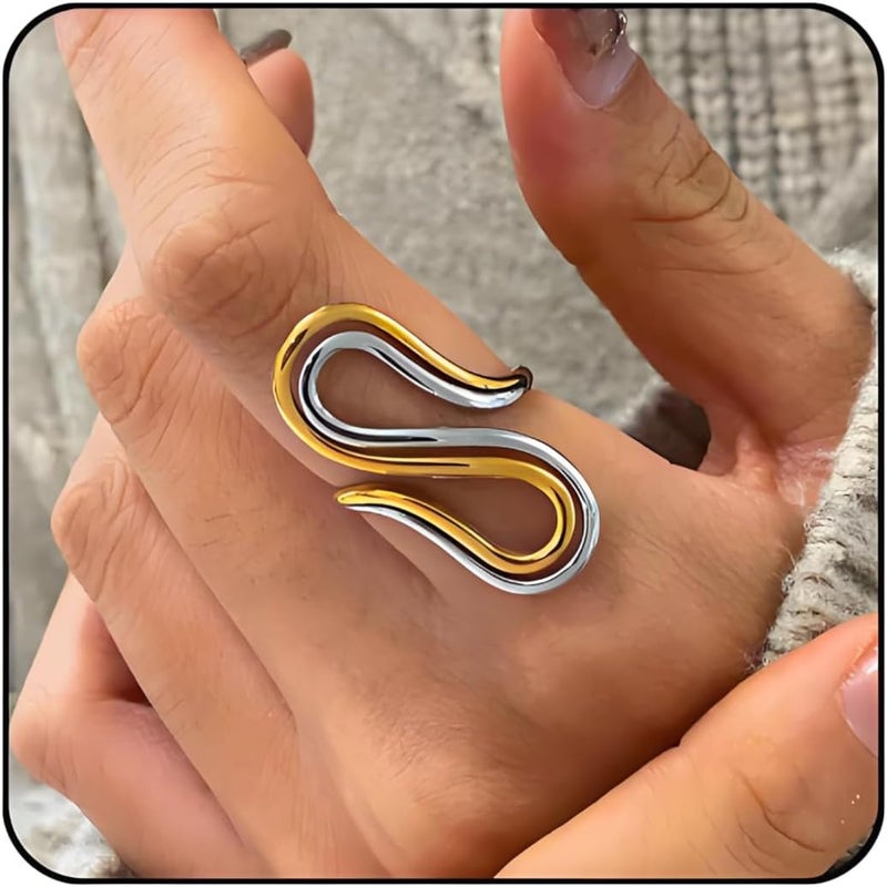 AiTURE Chunky Rings For Women, Gold Silver Thumb Ring Asymmetrical Wavy Curve Ring Adjustable Non Tarnish Dainty Stainless Steel New Year Anniversary Birthday Jewelry Gift - Image 1